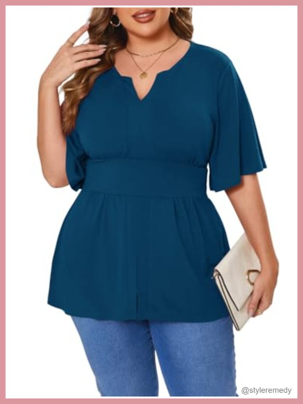 Plus Size V Neck Ruffle Sleeve Tunic Blouse